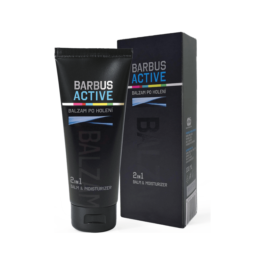 Barbus Active Men 2-in-1 balm and moisturizer in a 100ml tube, designed for men's skin care with soothing and hydrating properties.
