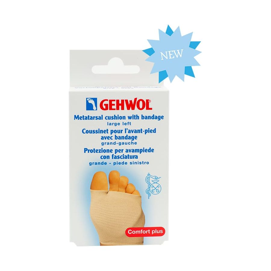 Left medium Gehwol Metatarsal Cushion with bandage for foot comfort, designed to relieve metatarsal pain and pressure.