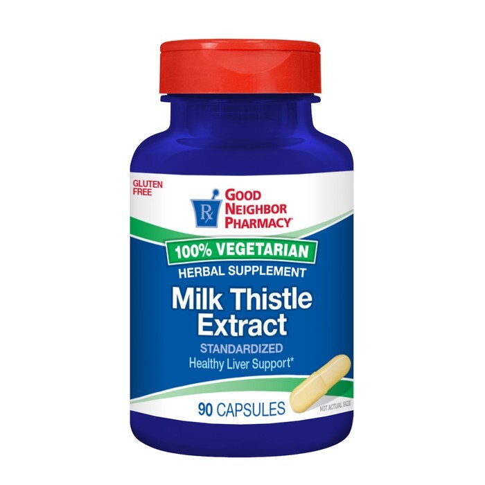 Bottle of Good Neighbor Pharmacy Milk Thistle Extract Vegi Capsules, 90 count, dietary supplement in a clear container with label.