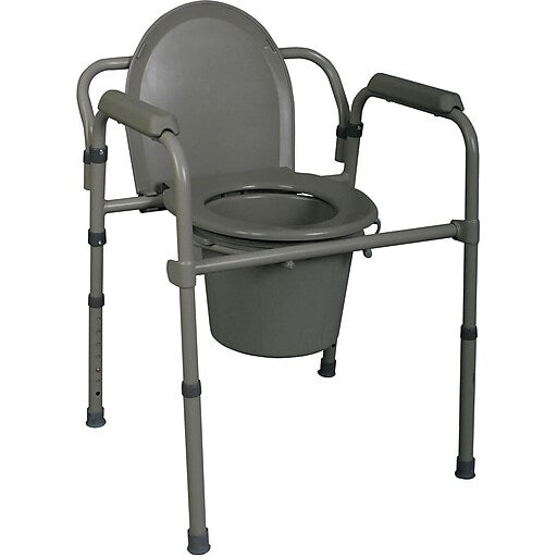 Medline 3-in-1 steel commode with enamel finish, adjustable height, designed for mobility and accessibility.