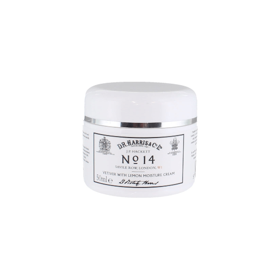 D.R. Harris No. 14 Vetiver with Lemon Moisture Cream 50ml jar with a silver lid and elegant packaging for face hydration
