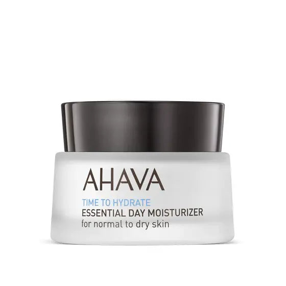 Ahava Time To Hydrate Essential Day Moisturizer for normal to dry skin in 1.7oz jar, designed for daily hydration.