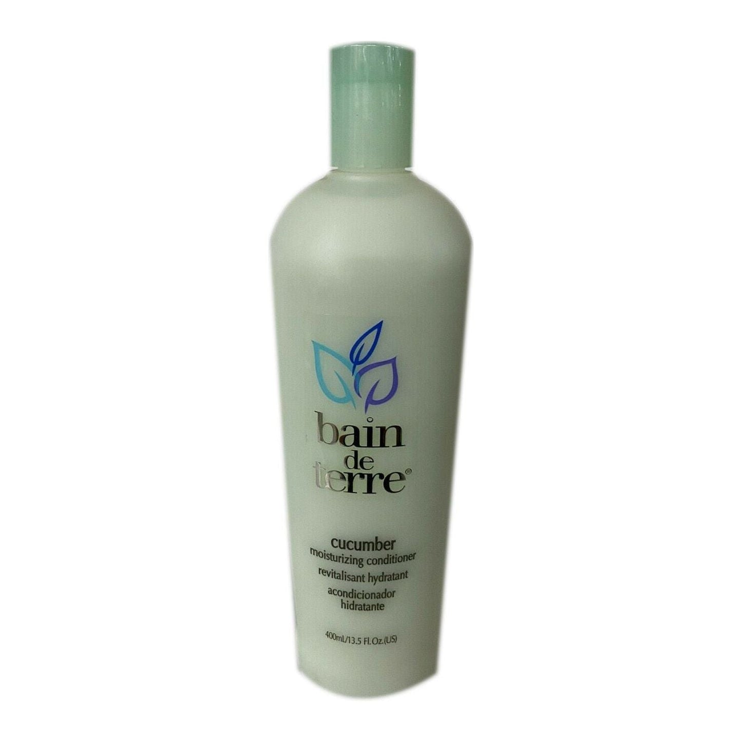Bain De Terre Cucumber Moisturizing Conditioner 13.5 oz bottle, featuring a green label and pump dispenser, on a white background.