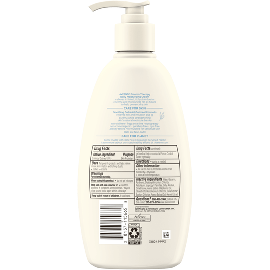 Aveeno Active Naturals Eczema Therapy Moisturizing Cream in a 12 fl oz jar, smooth cream texture for soothing skin relief.