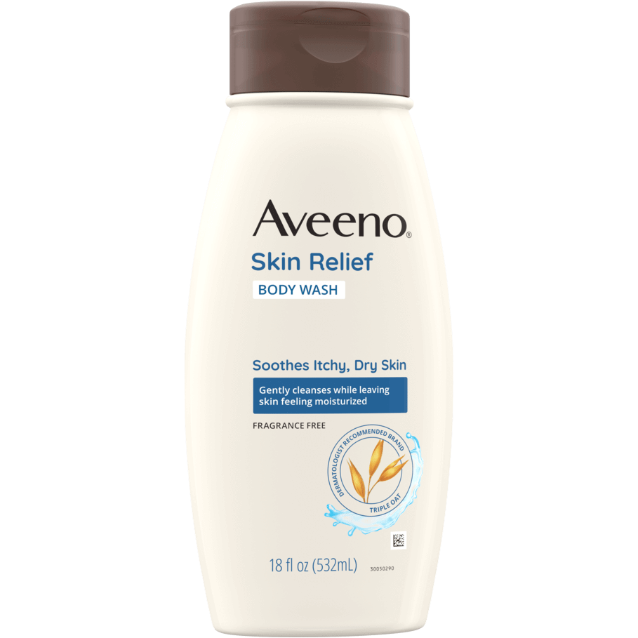Aveeno Skin Relief Moisturizing Lotion bottle, 18 fl oz, with label showing soothing skin relief and moisturizing benefits.
