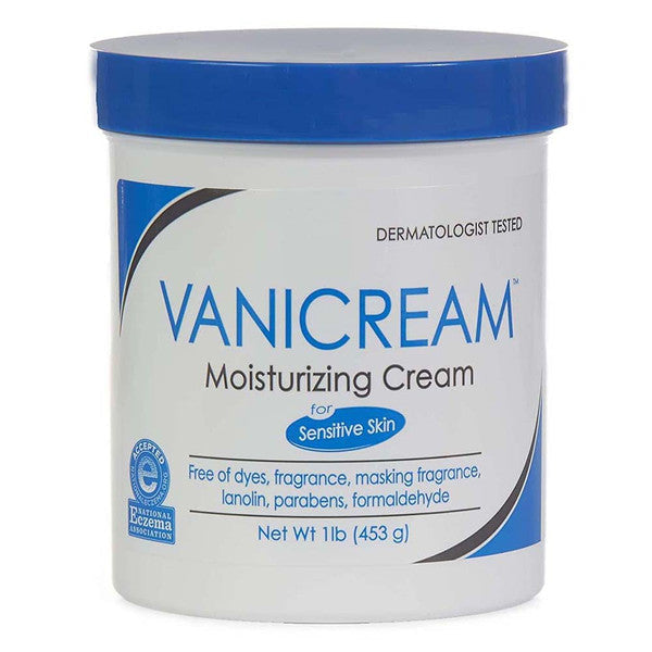 Vanicream Moisturizing Skin Cream for sensitive skin in a 16 oz jar, smooth cream with gentle, soothing texture