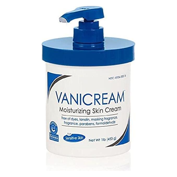Vanicream Moisturizing Skin Cream in 16 oz pump dispenser, creamy texture, designed for sensitive skin, by Pasteur Pharmacy.