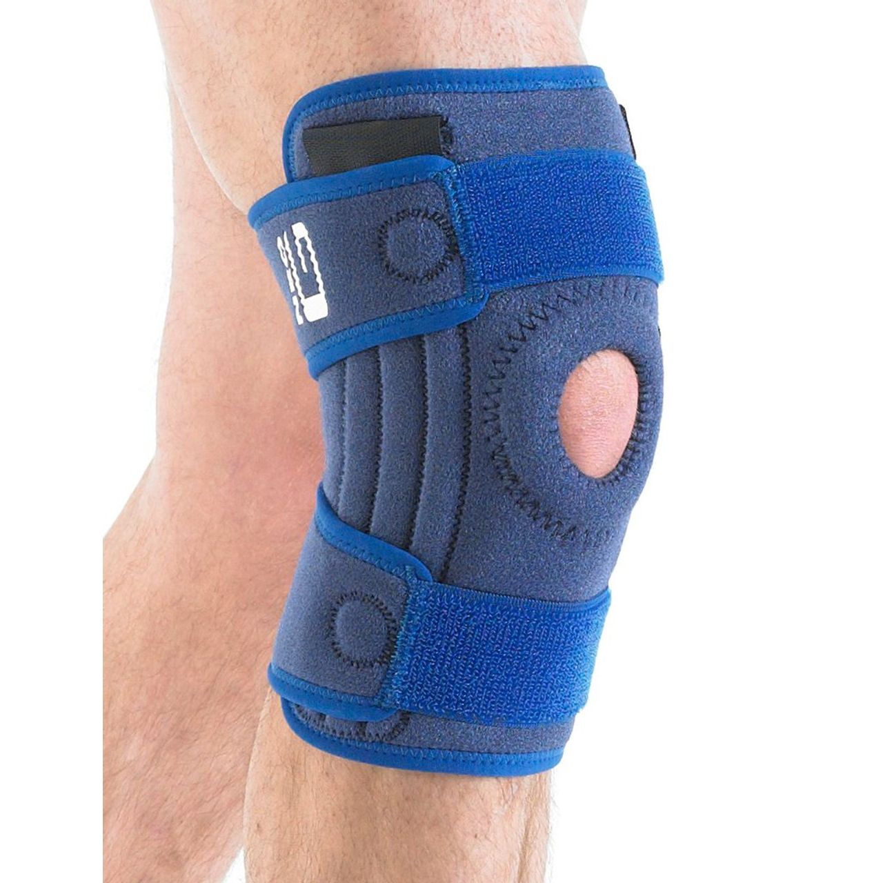 Neo G Stabilized Open Knee Support, motorcycle knee and shin guards, adjustable open knee brace with supportive straps.