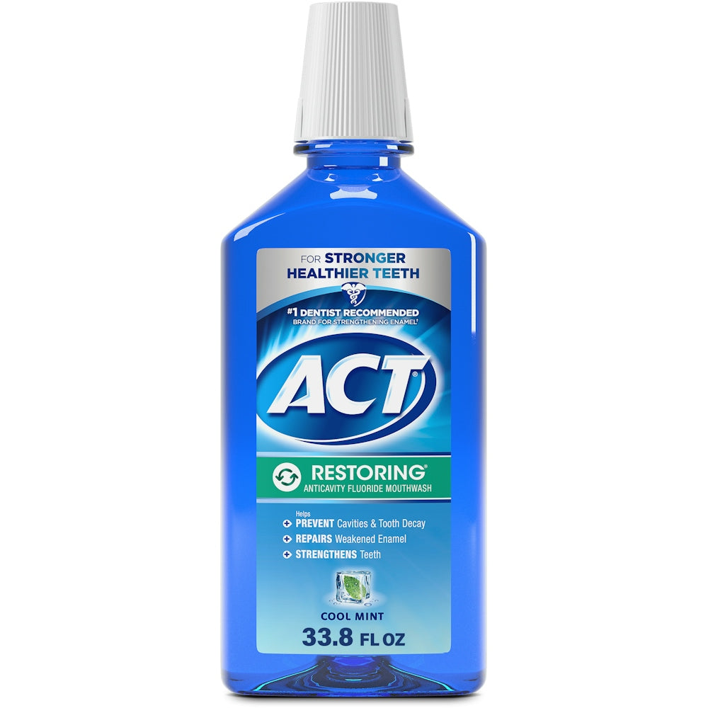 Act Cool Mint Restoring Fluoride Mouthwash by Pasteur Pharmacy, 33.8 fl oz bottle with mint flavor and label visible.
