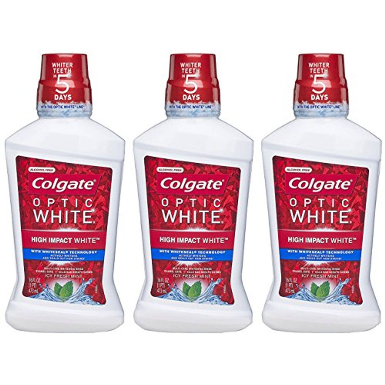 Colgate Optic White whitening mouthwash in Icy Fresh Mint flavor, 16 fl oz bottle, with mint-flavored mouth rinse.