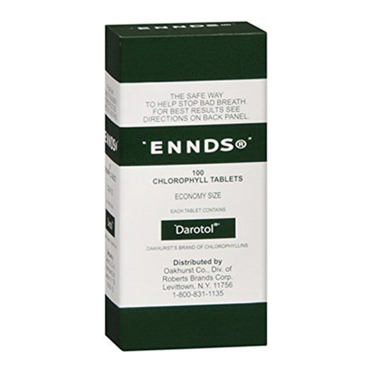 Ennds Chlorophyll Tablets mouthwash by Pasteur Pharmacy, showing the bottle and label with green chlorophyll capsules.