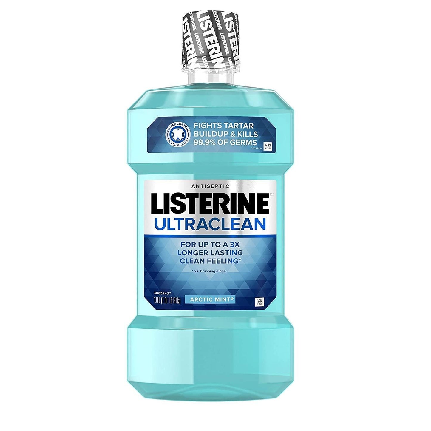 Listerine Ultraclean Antiseptic Mouthwash in Arctic Mint bottle, showing the product label and cap.