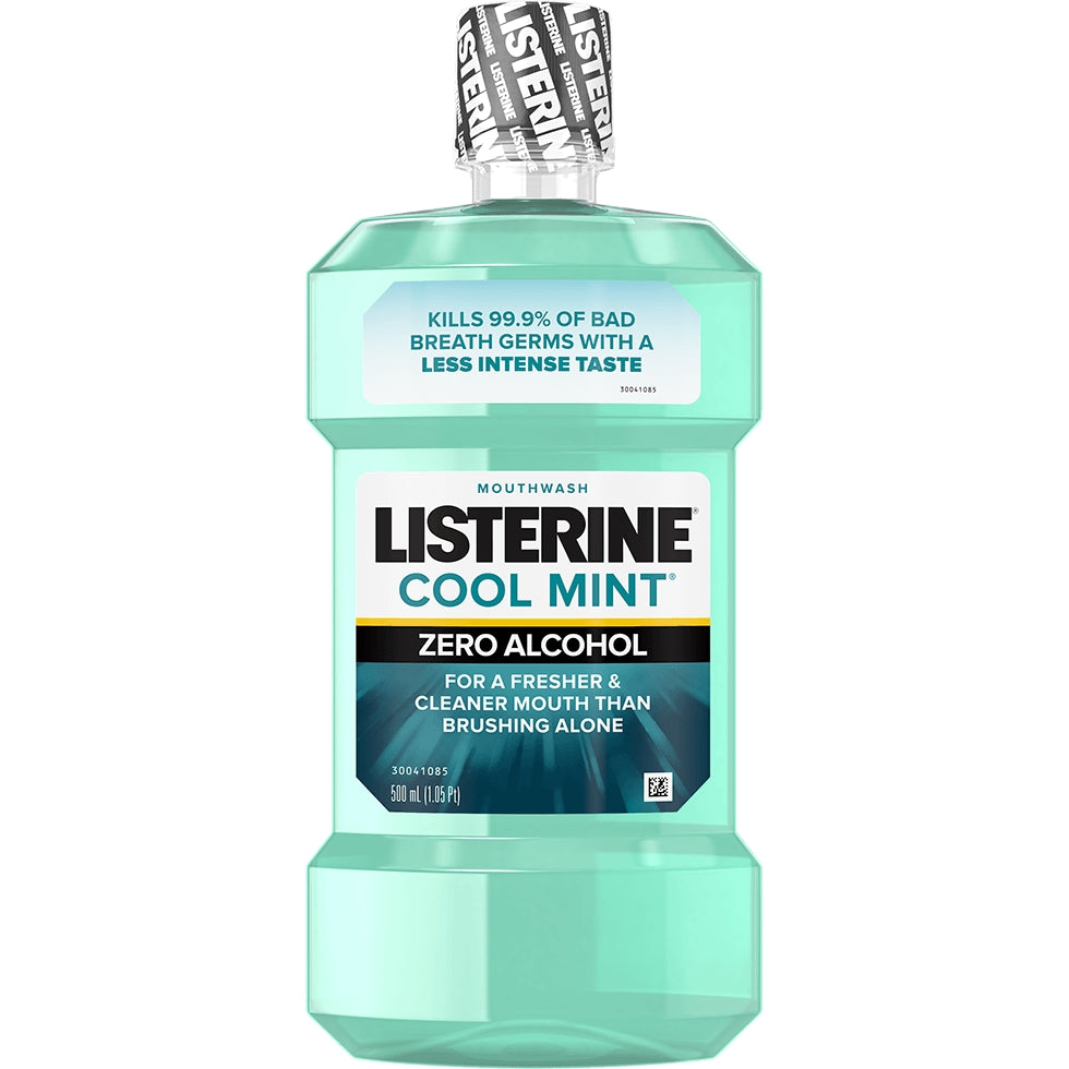 Listerine Zero Alcohol Cool Mint Mouthwash in 1.05 pint bottle, with fresh mint flavor and antibacterial mouth rinse for oral hygiene.