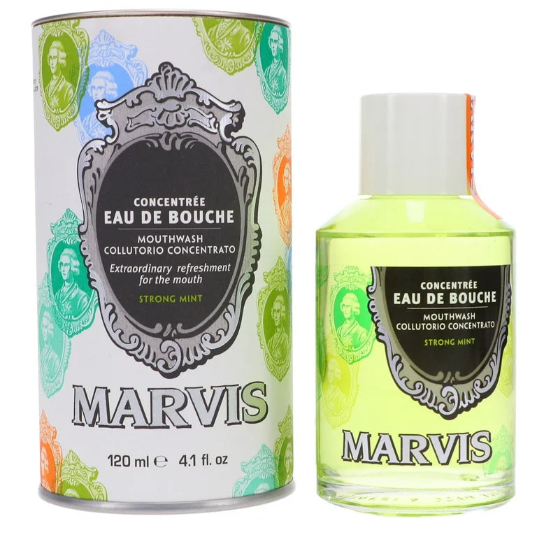 Marvis Strong Mint Mouthwash in a 4.1 oz bottle, concentrated formula for fresh breath and oral hygiene.