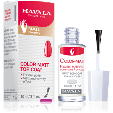 Mavala Color-Matt Top Coat nail polish in 0.3 oz bottle, clear matte finish for a smooth, non-glossy look on nails