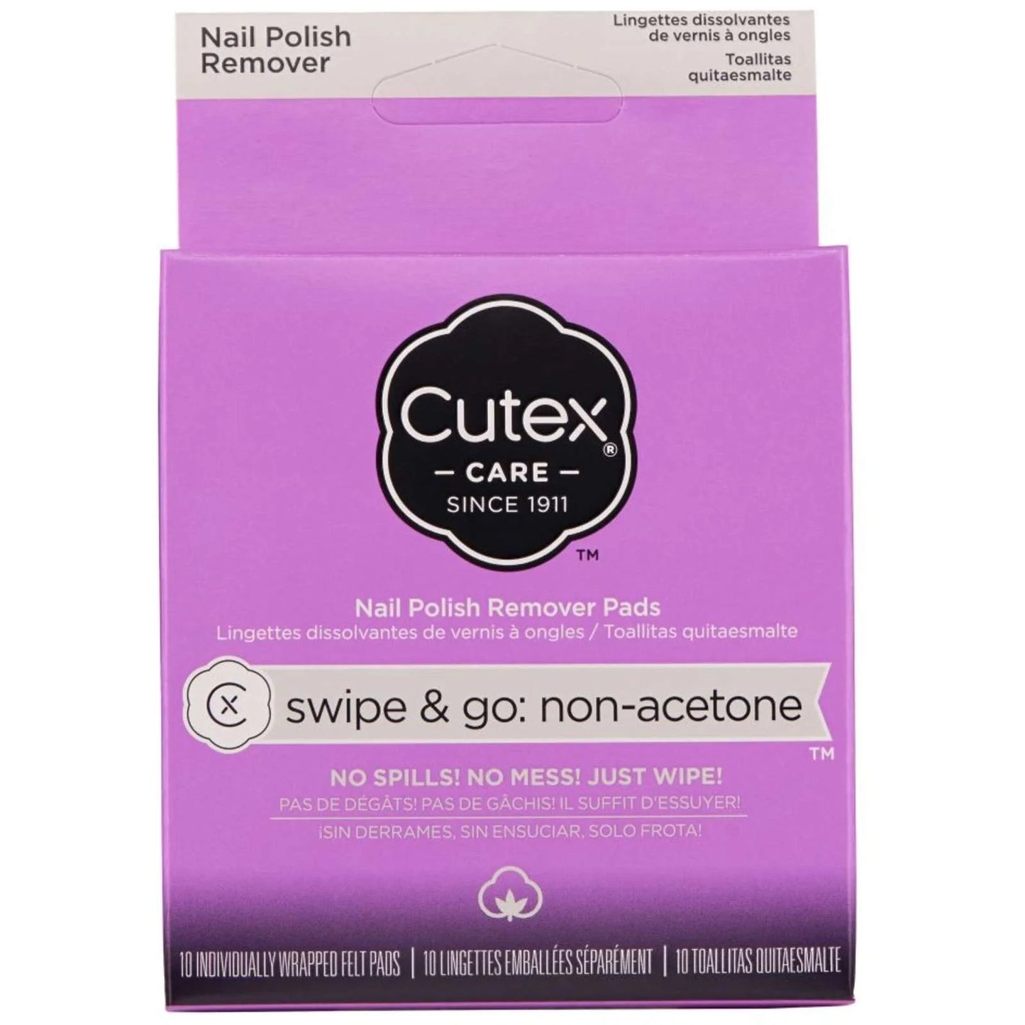 Pasteur Pharmacy Cutex nail polish remover pack with 10 soft gel wipes for gentle, effective nail polish removal.