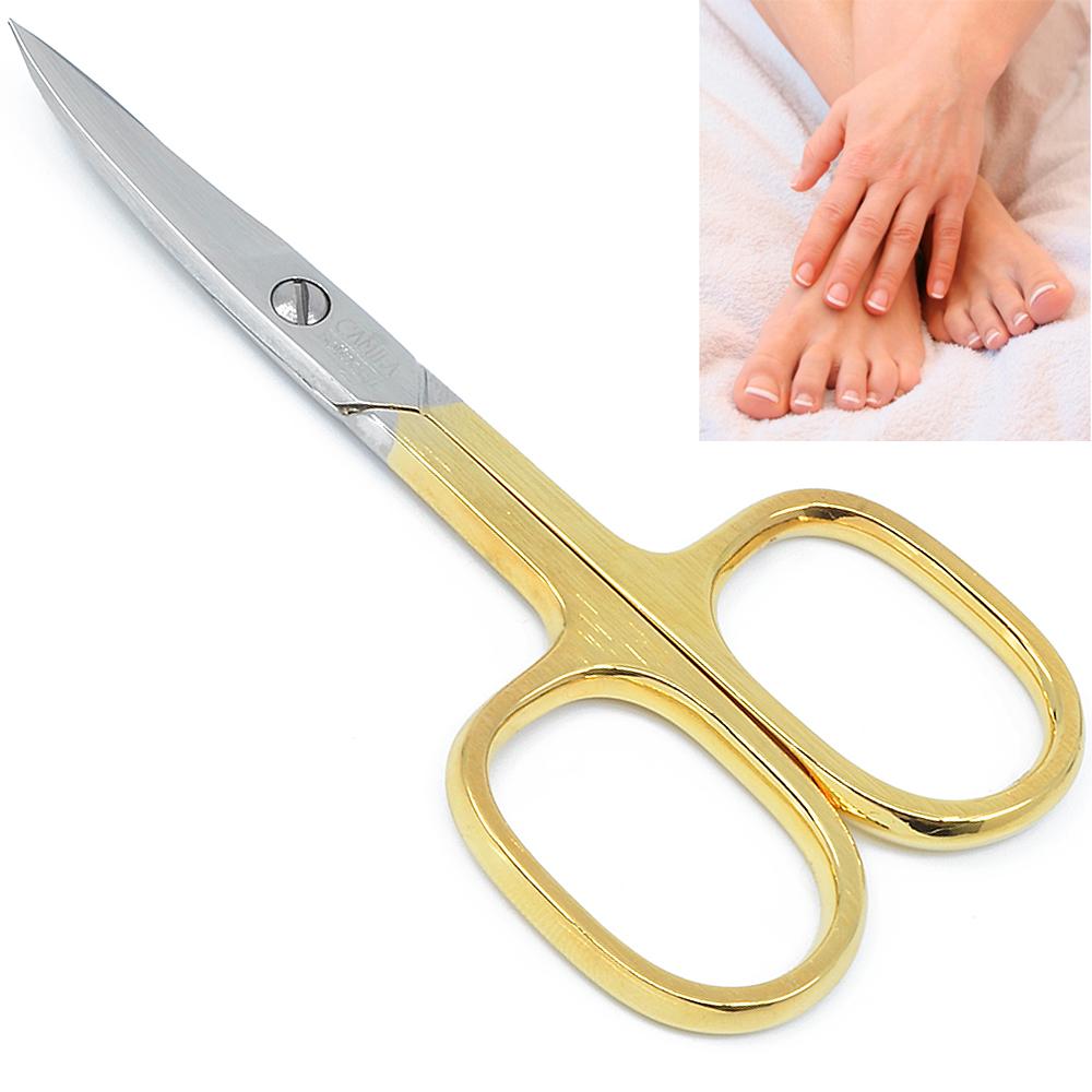 Camila Solingen 3.5-inch gold-plated curved nail scissors for manicures, with stainless steel blades and ergonomic handle.