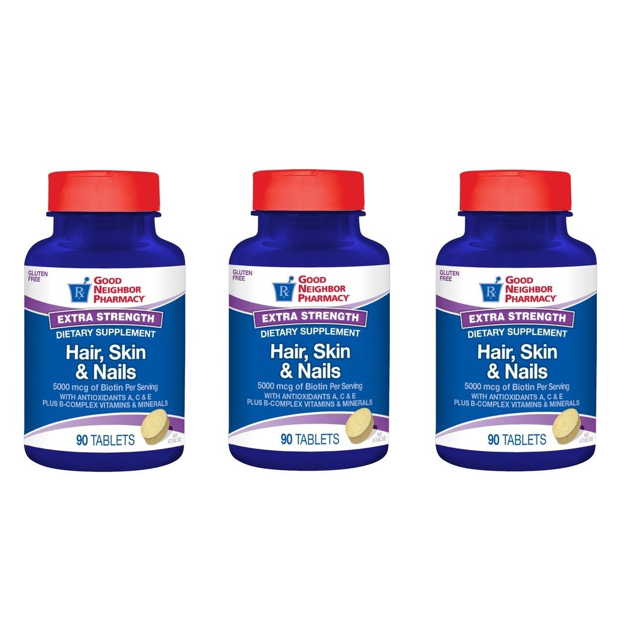 Bottle of Good Neighbor Pharmacy Hair Skin & Nails Extra Strength Tablets by Pasteur Pharmacy showing 90 tablets in clear packaging