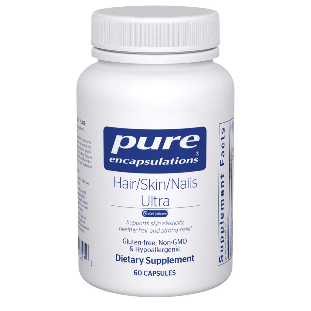 Pure Encapsulations Hair, Skin, Nails Ultra supplement capsules showing the 60-count bottle and product label.