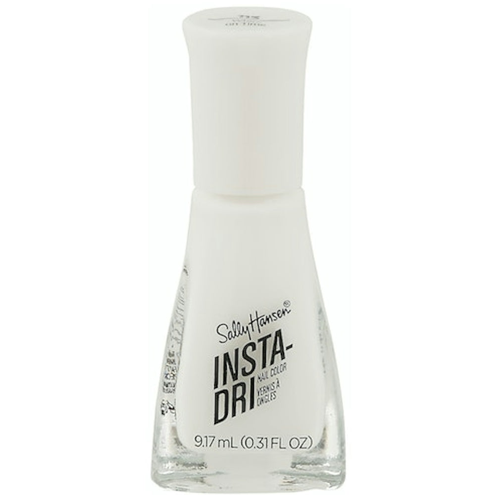 Sally Hansen Insta Dri nail polish in White On Time, 0.31 oz, applied on nails with a smooth, quick-drying finish