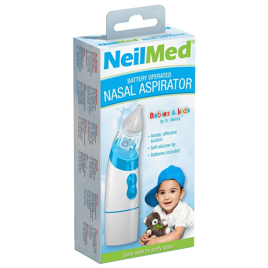 NeilMed battery-operated nasal aspirator for babies and kids, showing the device with soft silicone tip and ergonomic design.