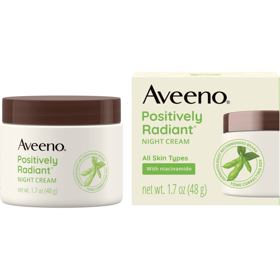 Aveeno Active Naturals Positively Radiant Intensive Night Cream in 1.7 oz jar, smooth skincare product with a white and purple container.