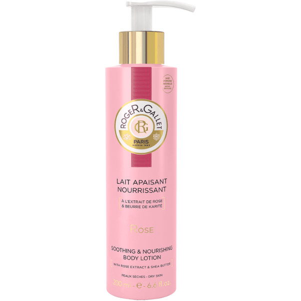 Roger & Gallet Rose Rich Nourishing Cream in a 200ml jar, highlighting its floral rose scent and creamy texture.