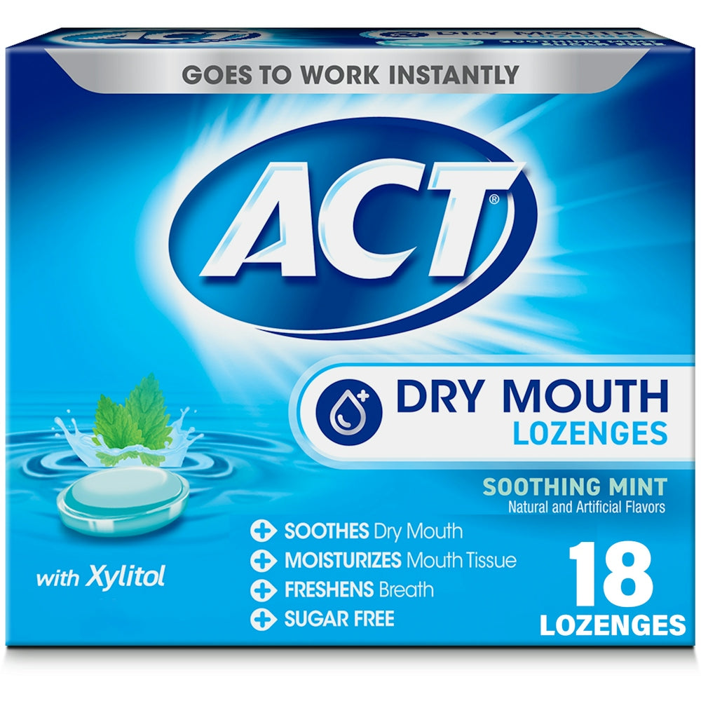 Act Total Care Dry Mouth Lozenges in soothing mint by Pasteur Pharmacy, showing the package with mint-flavored lozenges for oral care.
