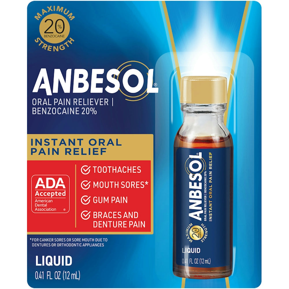 Anbesol Instant Oral Pain Relief liquid in a small 0.41 Fl Oz bottle, used for maximum strength oral pain relief.