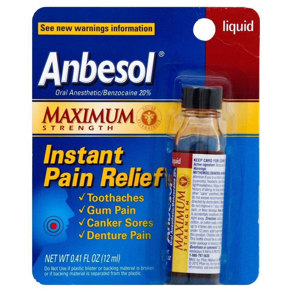 Anbesol Oral Anesthetic Maximum Strength liquid in a bottle, used for instant relief of oral pain, by Pasteur Pharmacy.