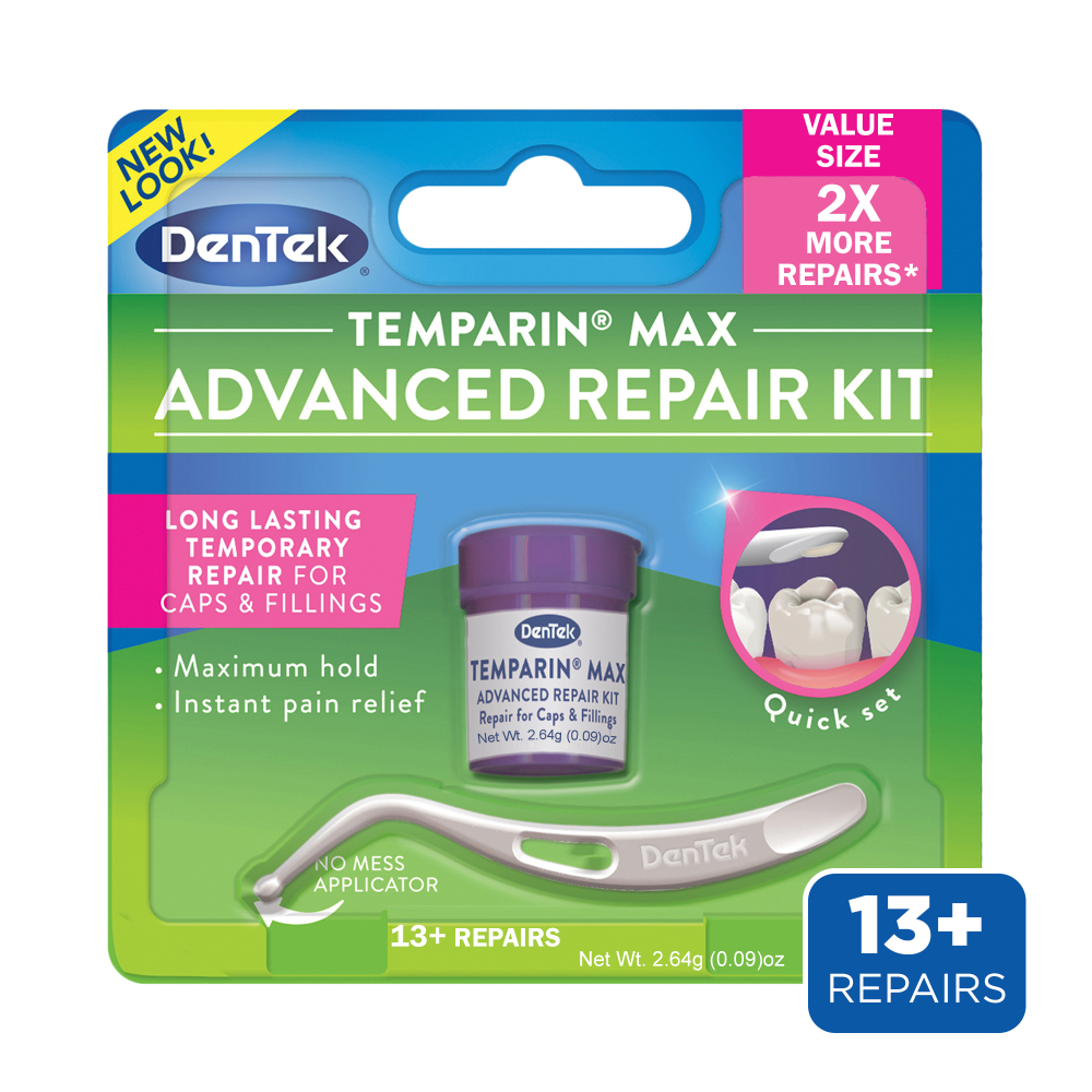 DenTek Temparin Max caps and fillings repair kit for oral care, featuring dental repair materials in a compact package.
