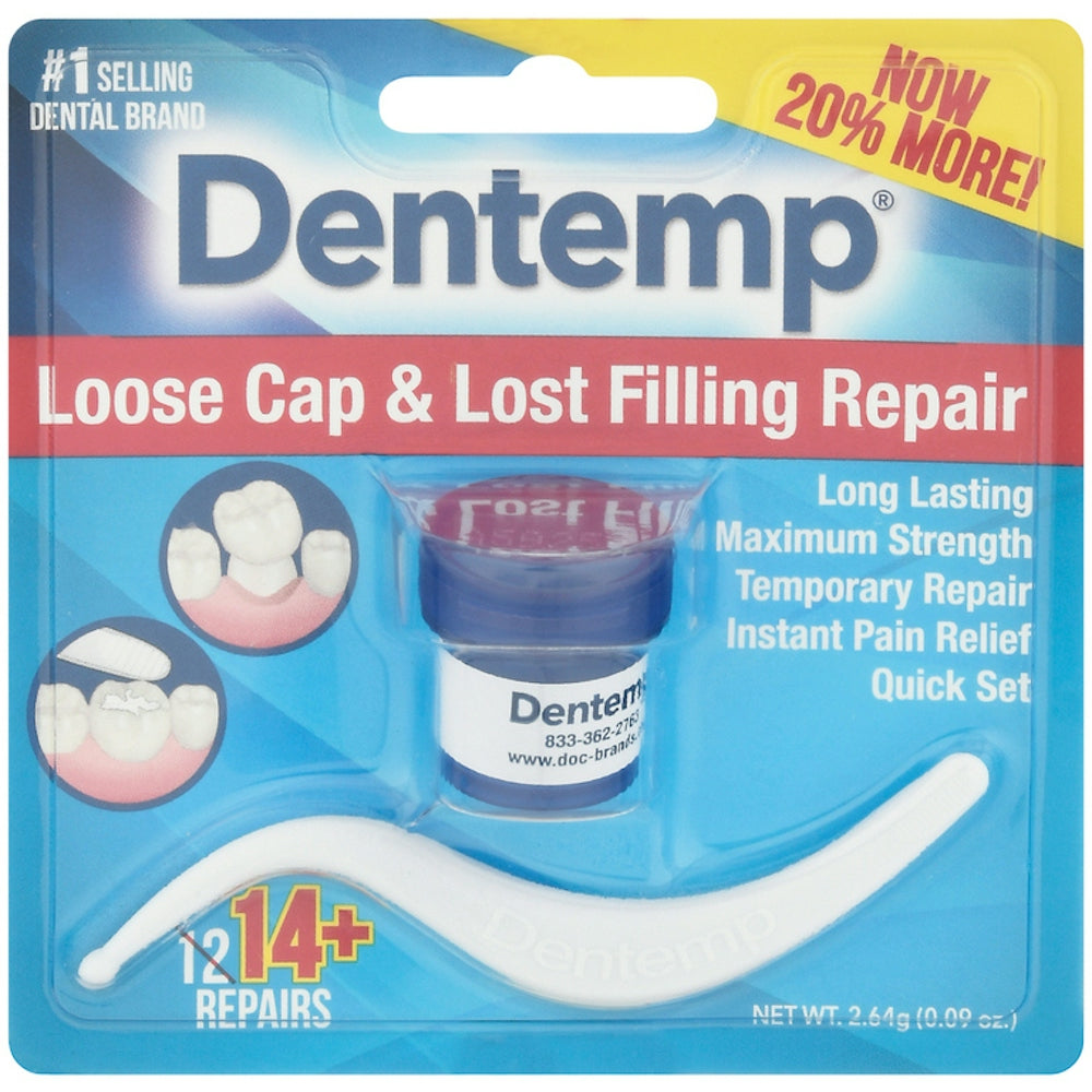 Dentemp Maximum Strength Loose Cap and Lost Filling Repair Set for oral care, featuring repair tools and materials for dental issues.