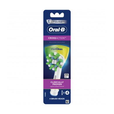 Four Oral B Cross Action electric toothbrush replacement heads for effective oral care, compatible with Oral B electric toothbrushes.