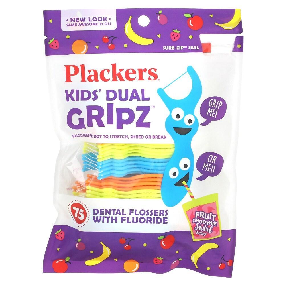 Plackers Kids Dual Gripz Floss Picks with Wild Berry flavor and fluoride, 75-count, oral care product for children.