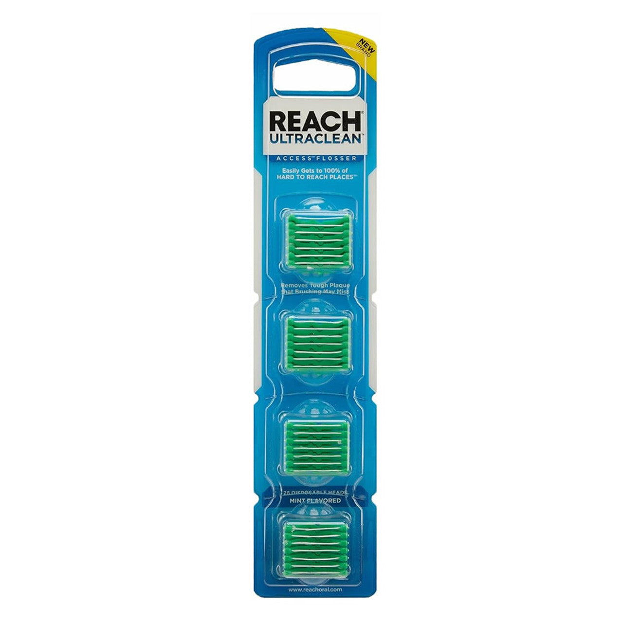 Reach UltraClean Access Flosser refill pack with 28 mint-flavored oral care flossers, designed for effective interdental cleaning.