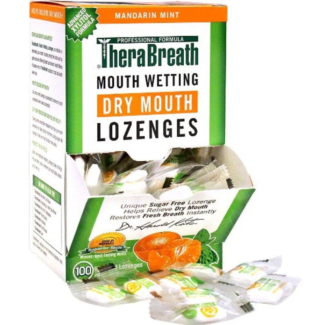TheraBreath Dry Mouth Lozenges by Pasteur Pharmacy, sugar-free Mandarin and Mint oral care lozenges on a white background