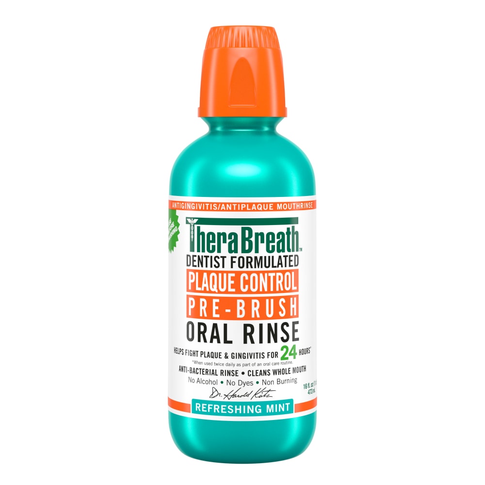 Therabreath Plaque Control Pre-Brush Oral Rinse by Pasteur Pharmacy, refreshing mint flavor in a 16 oz bottle for oral care.