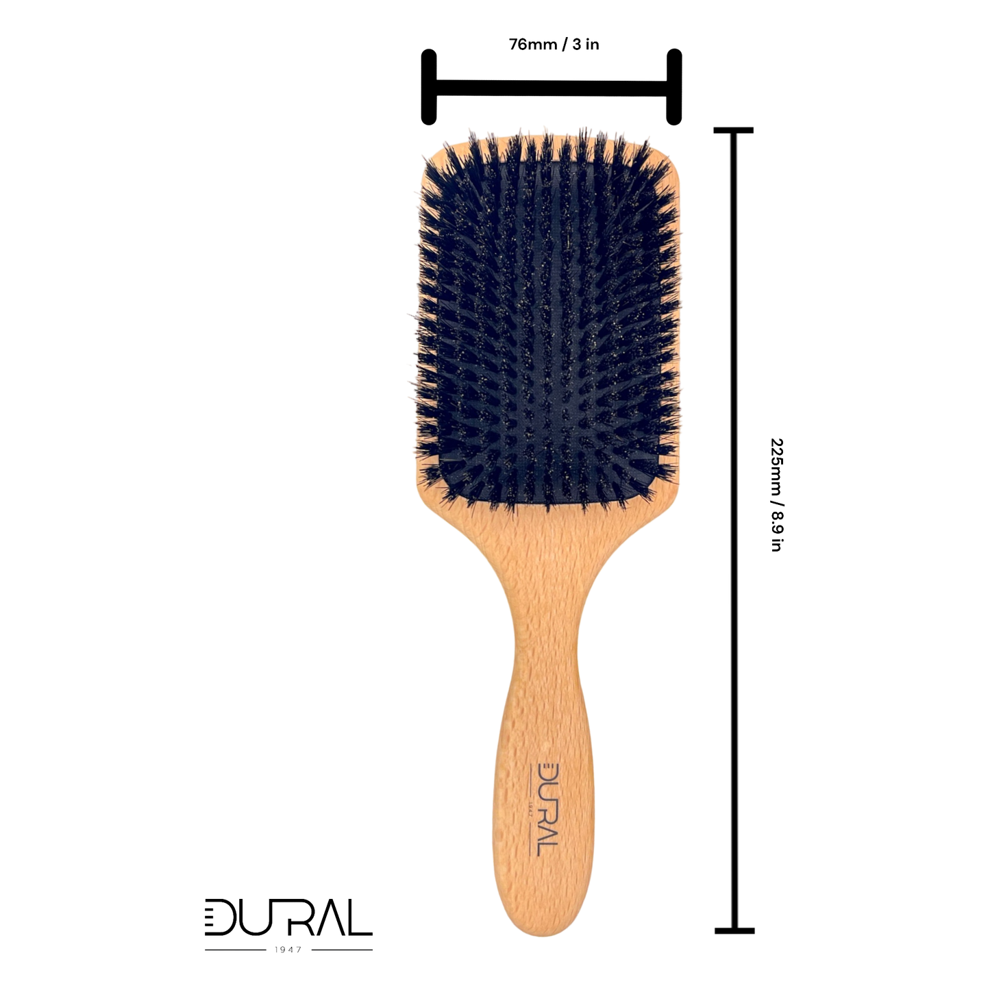 Dural Beech Wood paddle brush with wild boar bristles, designed for gentle hair detangling and smoothing.