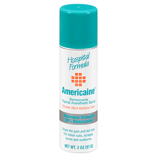 Americaine Benzocaine topical anesthetic spray in 2 oz bottle, pain relief product from Pasteur Pharmacy, clear spray nozzle and label visible
