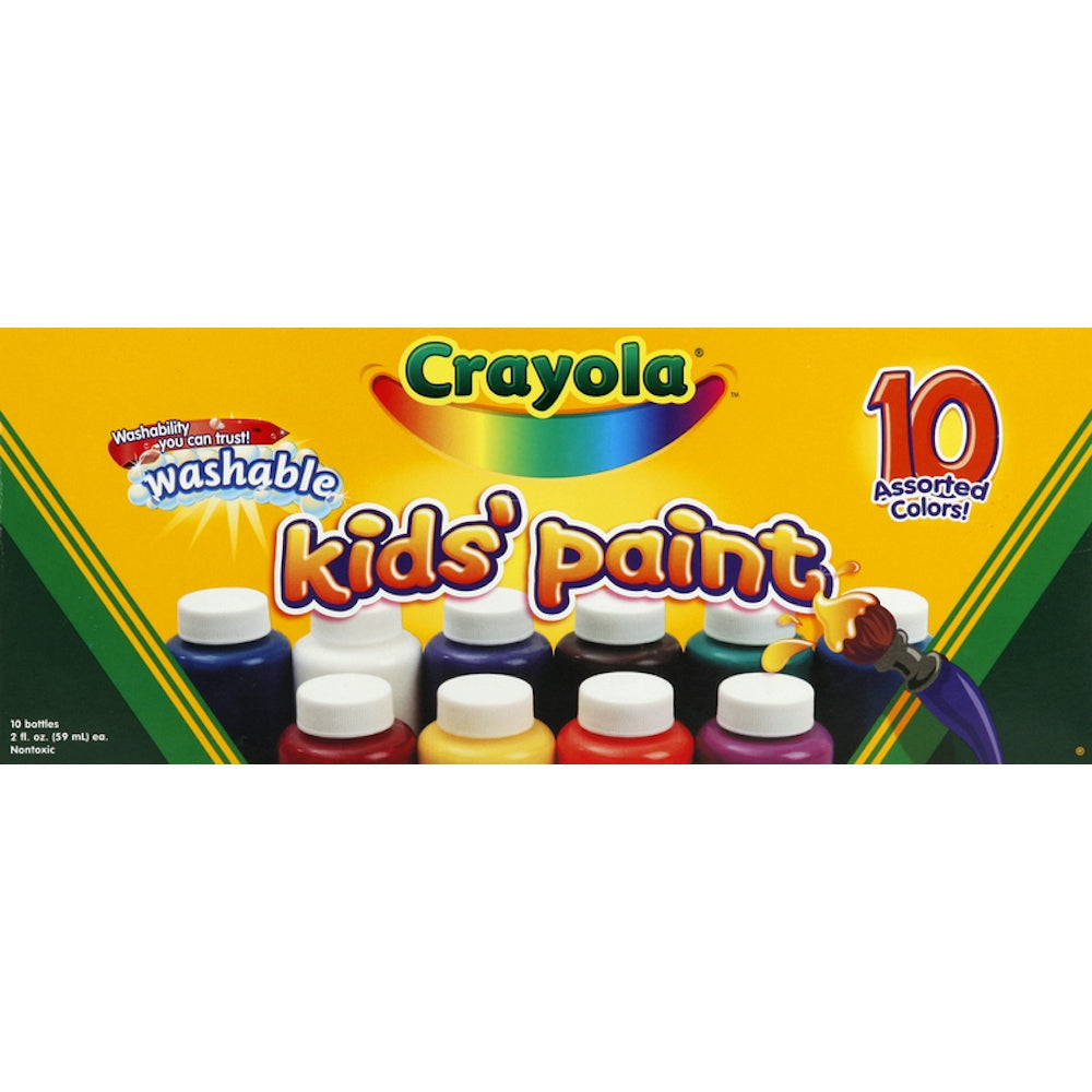 Set of 10 Crayola washable kids' paint bottles by Pasteur Pharmacy, colorful paint bottles for children’s art projects.