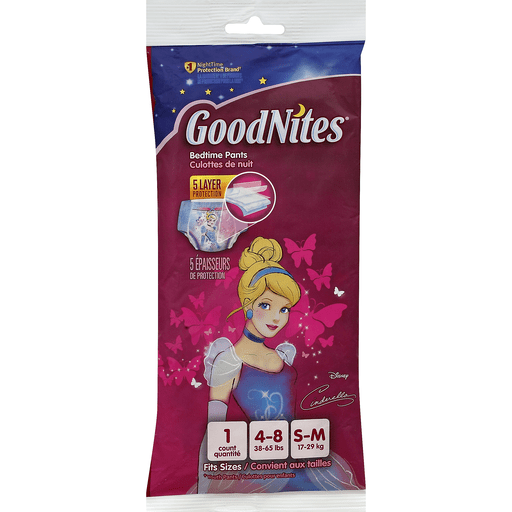 GoodNites Bedtime Pants size S-M for kids 4-8, Disney Cinderella themed pull-up pants, pastel-colored with Cinderella design