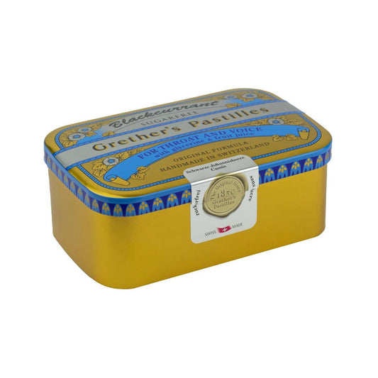 Black Currant Pastilles by Grether's, sugarfree, in a 15 oz package, shown in a clear image with the product packaging and pastilles.