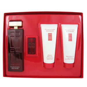 Elizabeth Arden Red Door perfume and cologne gift set featuring elegant floral bottles for women.
