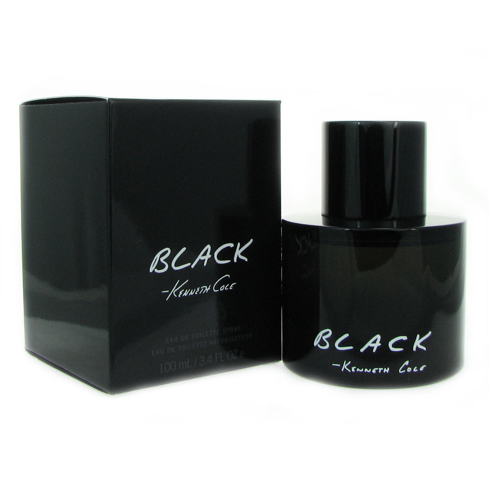 Kenneth Cole Black Eau De Toilette spray for men, 3.4 oz, featuring a sleek black bottle and modern fragrance design.