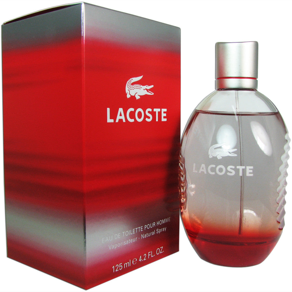 Lacoste Red Men Spray 4.2 oz perfume bottle, featuring a sleek design and vibrant red color, displayed on a plain background.