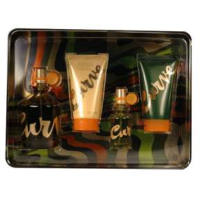 Liz Claiborne Curve Crush perfume and cologne gift set with four pieces, featuring bottles of varying sizes and elegant packaging.