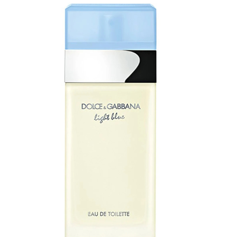 Dolce & Gabbana Light Blue Eau de Toilette perfume bottle, 0.8 oz, with a clear glass design and light blue liquid inside.