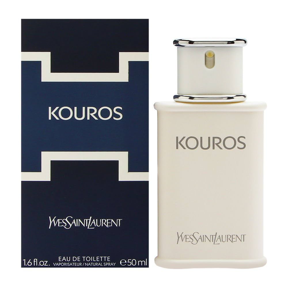 Yves Saint Laurent Kouros Eau de Toilette spray, 50ml, with a sleek glass bottle and classic design.