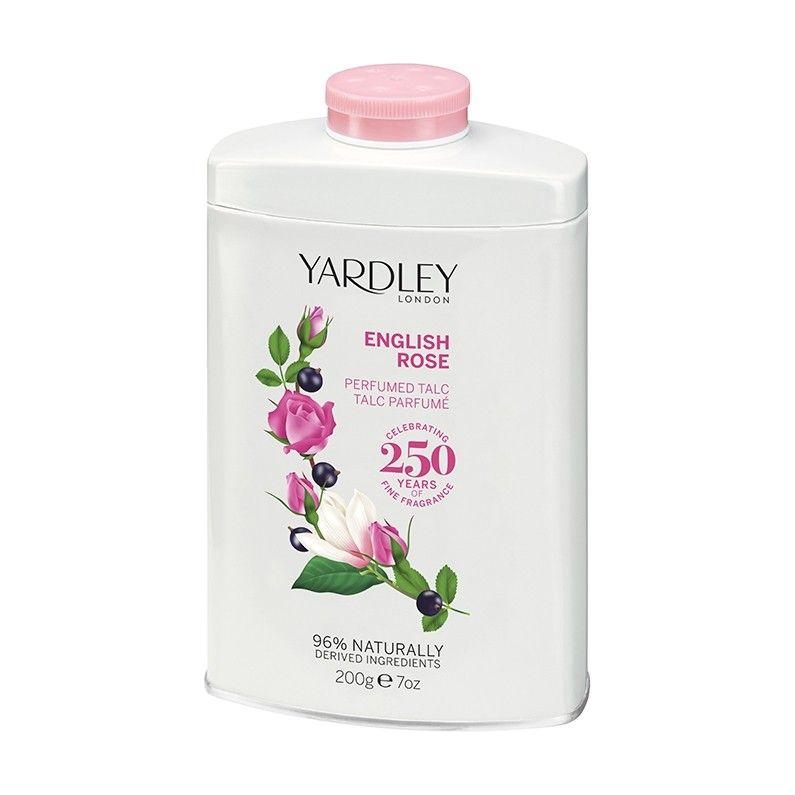 Yardley English Rose Perfumed Talc 200g in a white container with floral design, featuring the Yardley logo and English Rose branding.