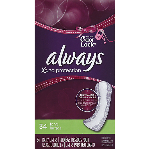 Always Xtra Protection Long Liners in a 34-count box, personal care product by Pasteur Pharmacy, shown in the image.